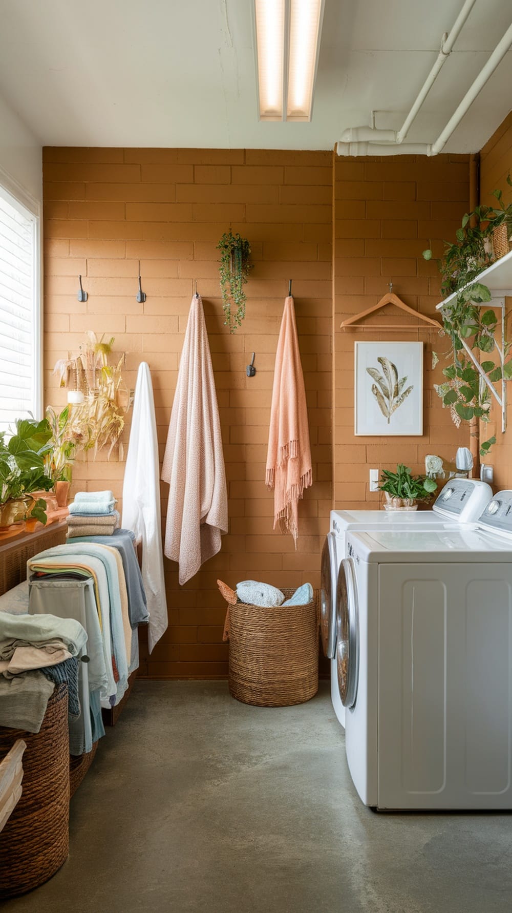 Brightly lit laundry room with earthy ochre walls, featuring towels and plants.