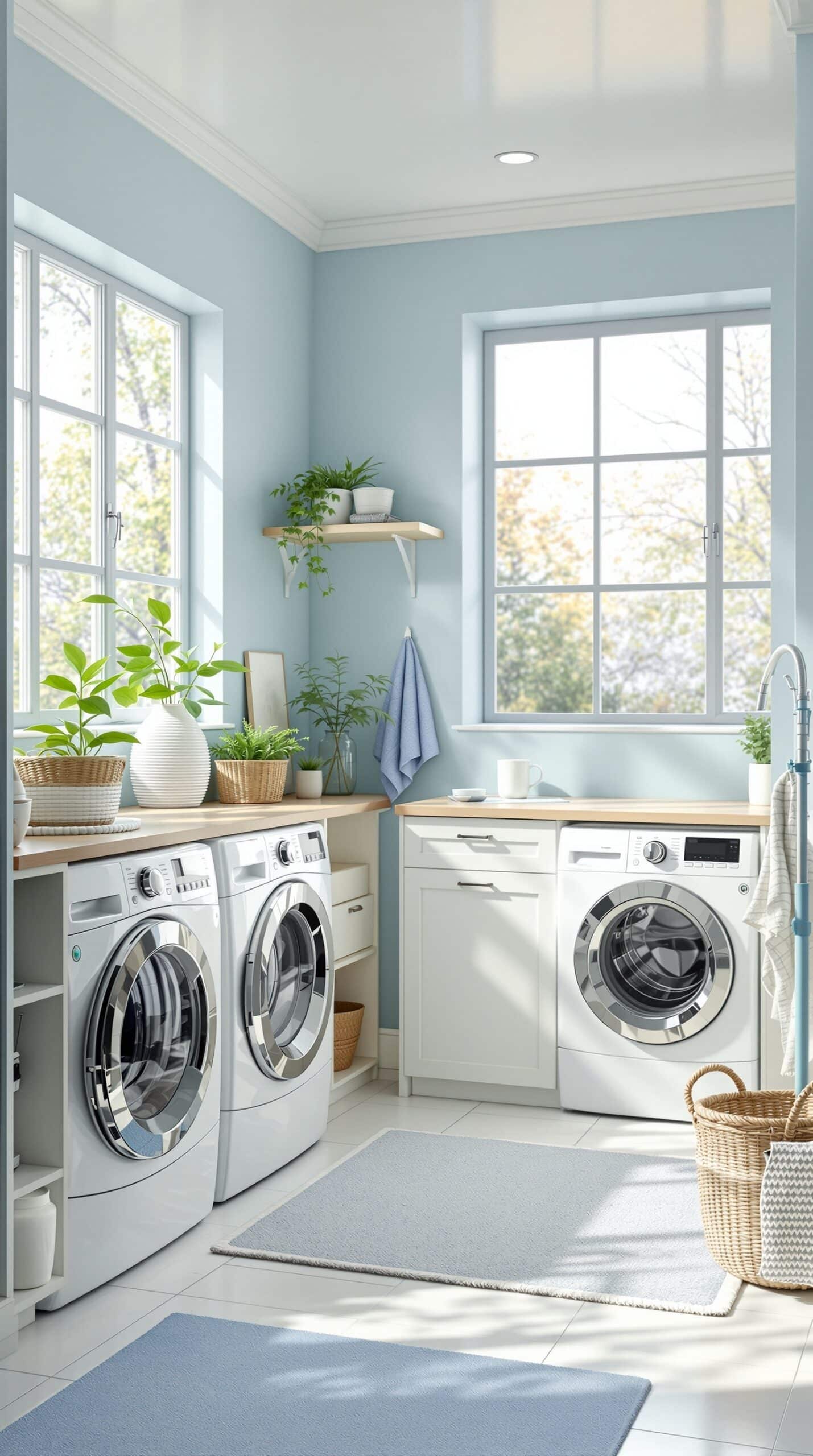 Bright and airy laundry room with dusty blue walls, modern appliances, and plants.