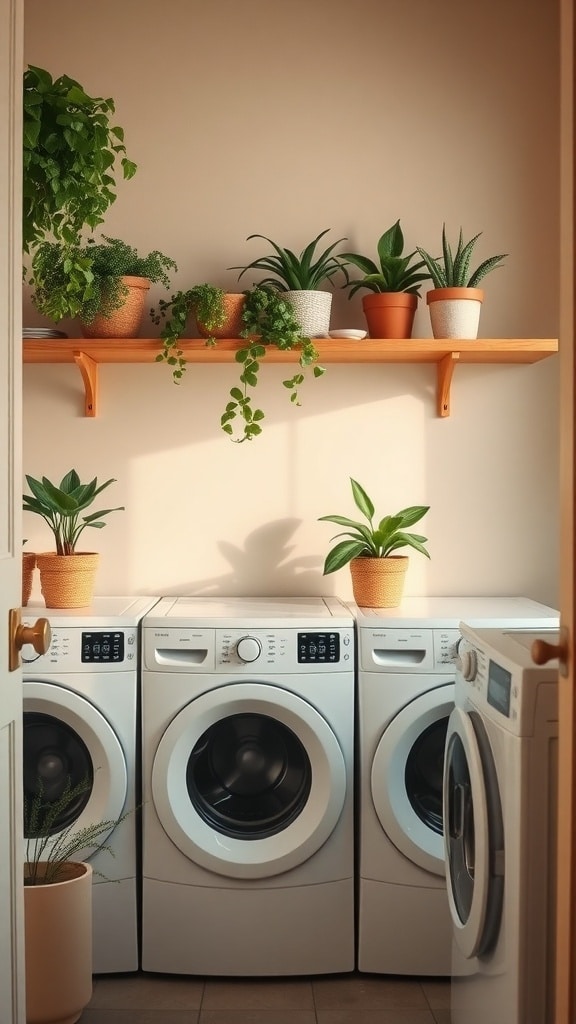 A stylish laundry room with three washing machines and a wooden shelf adorned with various potted plants.