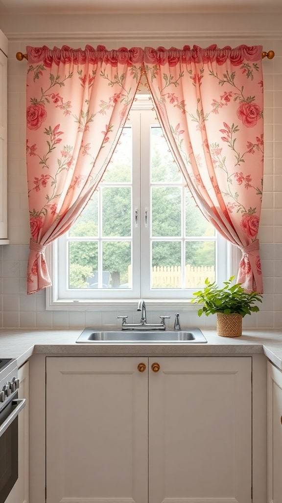 Blush pink curtains with floral patterns hanging over a kitchen sink