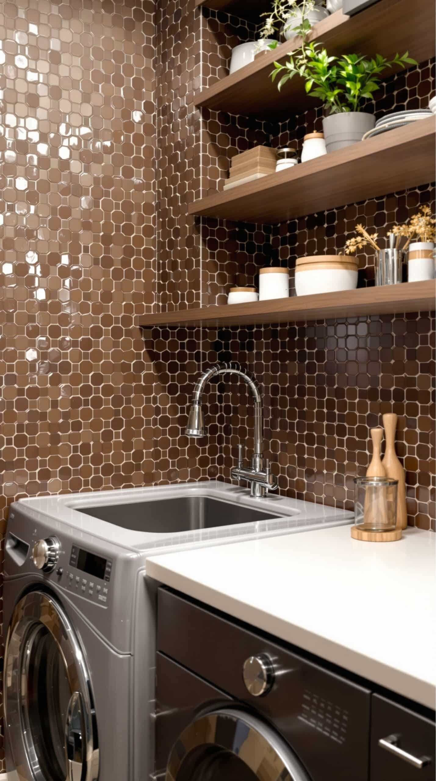 Laundry room with chocolate mosaic backsplash, modern appliances, and open shelves