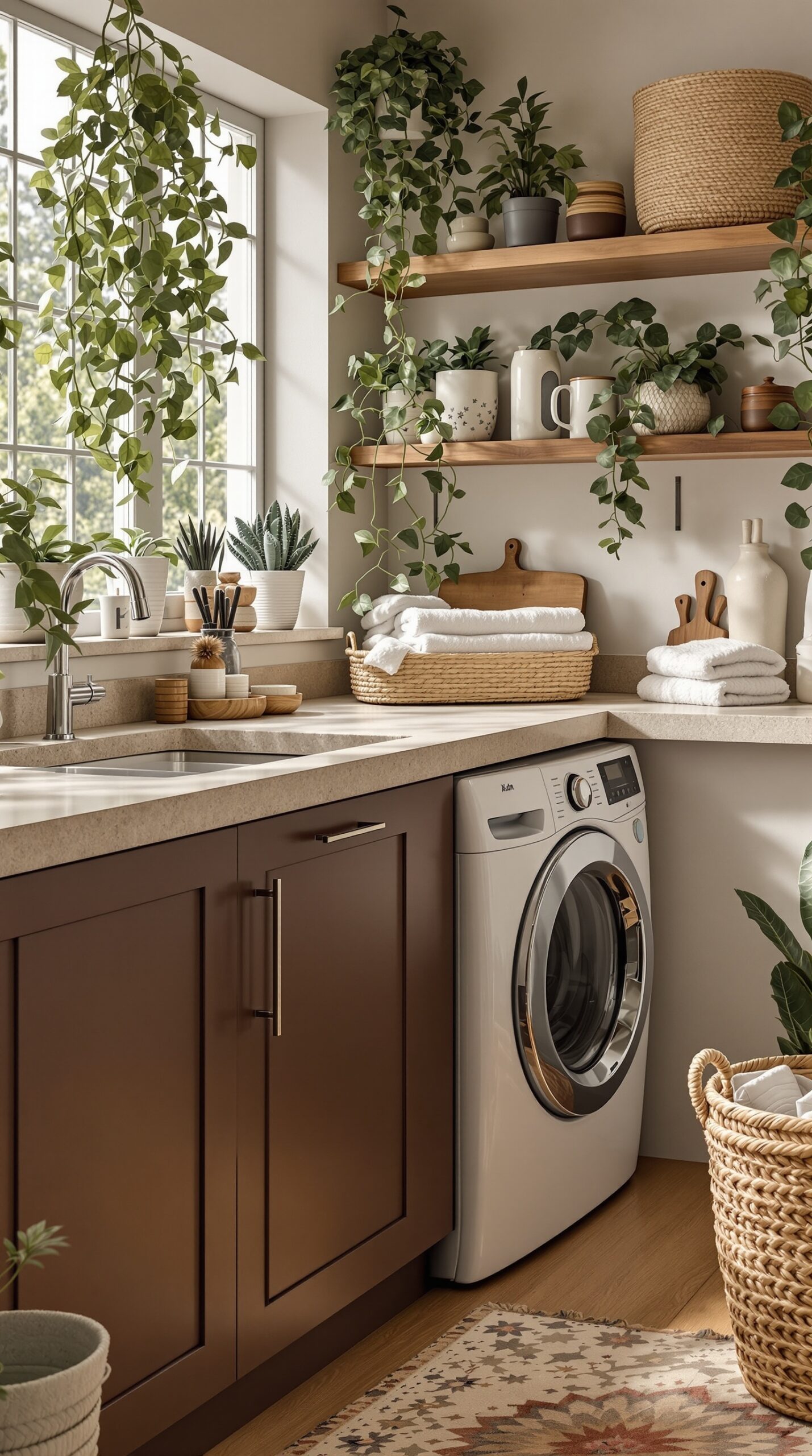 Laundry room with warm mocha countertops, dark cabinetry, and plants.
