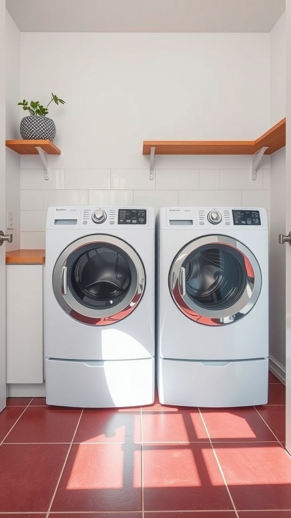 Laundry room with burgundy tile flooring and white appliances