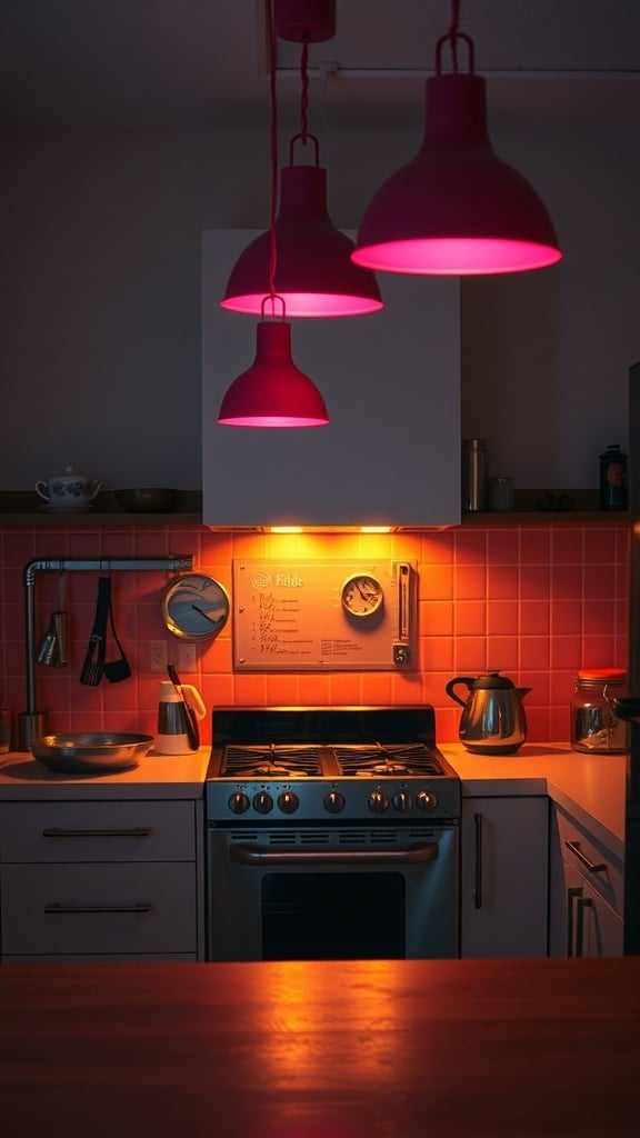 A modern kitchen with dark pink pendant lighting fixtures