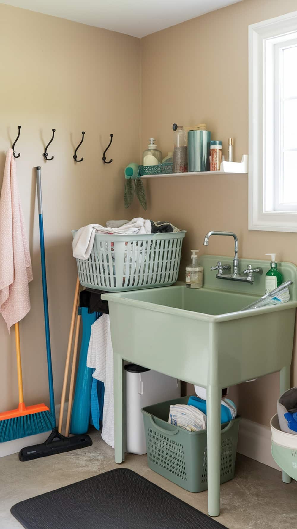 A functional laundry room with a sage green utility sink, laundry basket, and organized cleaning supplies.