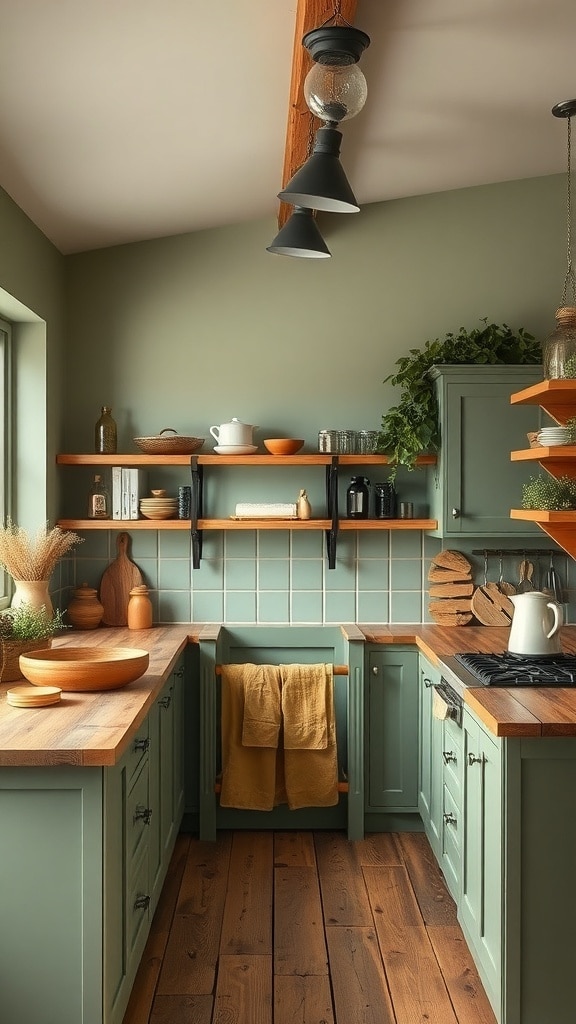 A cozy sage green kitchen with warm wood accents, featuring wooden countertops, shelves, and accessories.