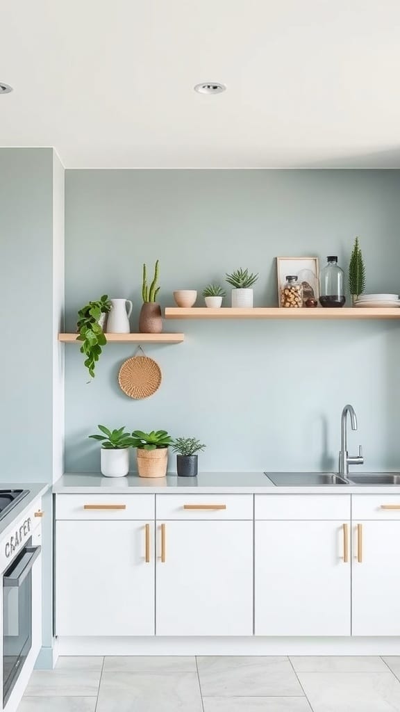 A kitchen with a dusty blue accent wall, white cabinetry, and open shelving displaying plants and decor.