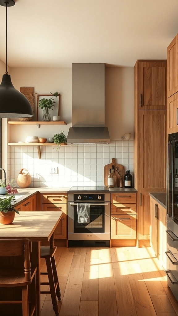 A cozy kitchen featuring ochre tones and wooden elements, with sunlight streaming in.