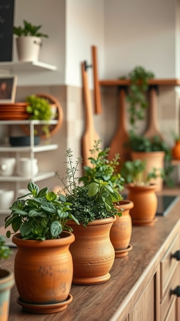 A kitchen countertop featuring terracotta pots with various herbs, showcasing a warm and earthy aesthetic.