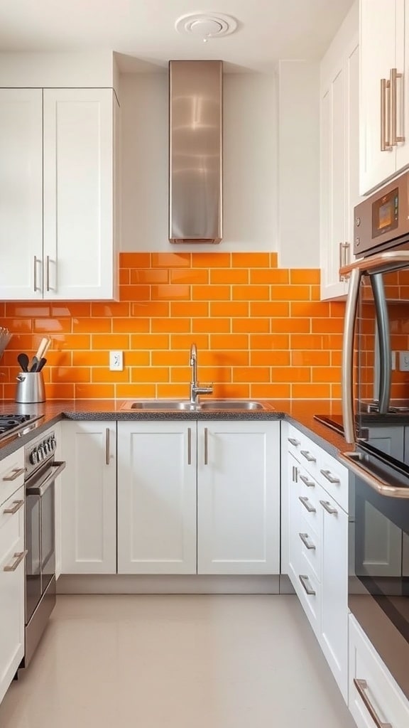 A modern kitchen featuring an ochre tile backsplash, white cabinets, and stainless steel appliances.