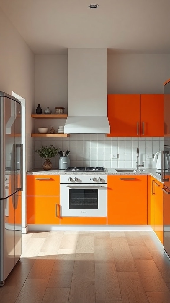 A modern kitchen featuring bright orange cabinetry, white countertops, and an open shelving unit.