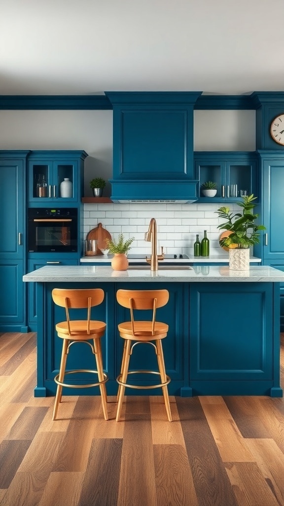 A peacock blue kitchen island with wooden stools and a modern countertop.