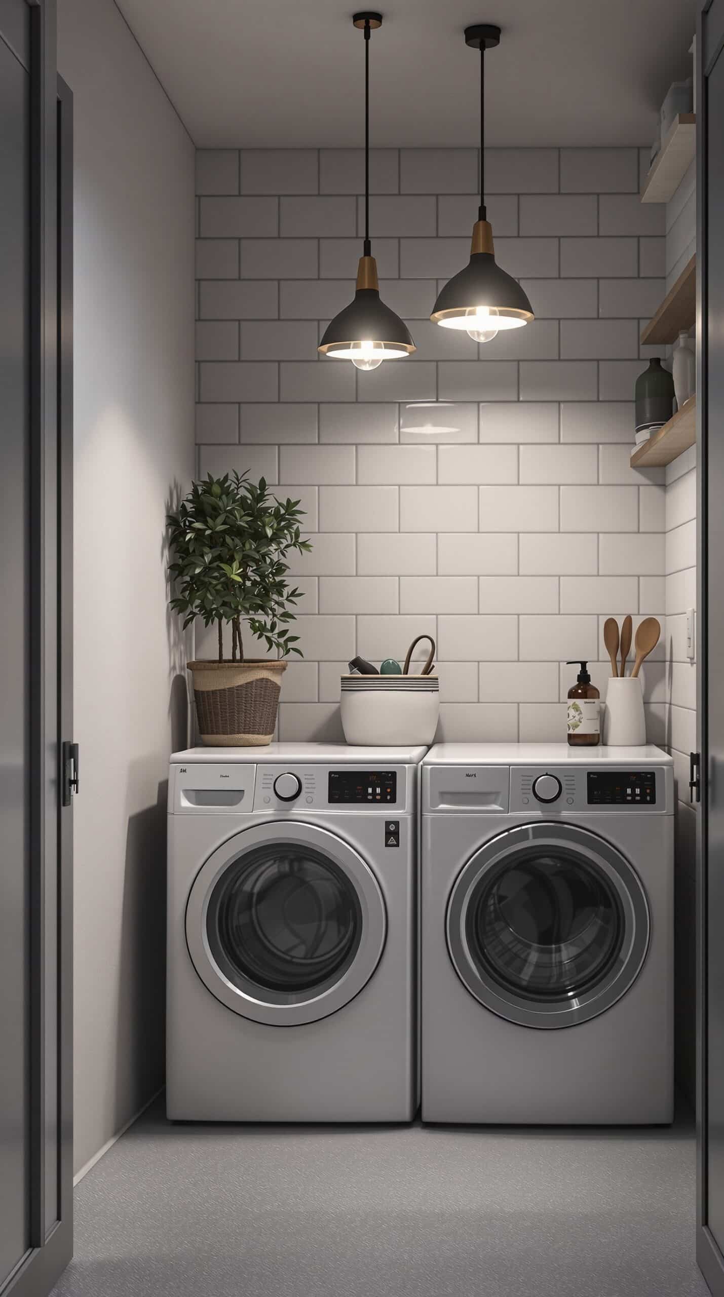 Modern laundry room with pendant lighting and stylish decor