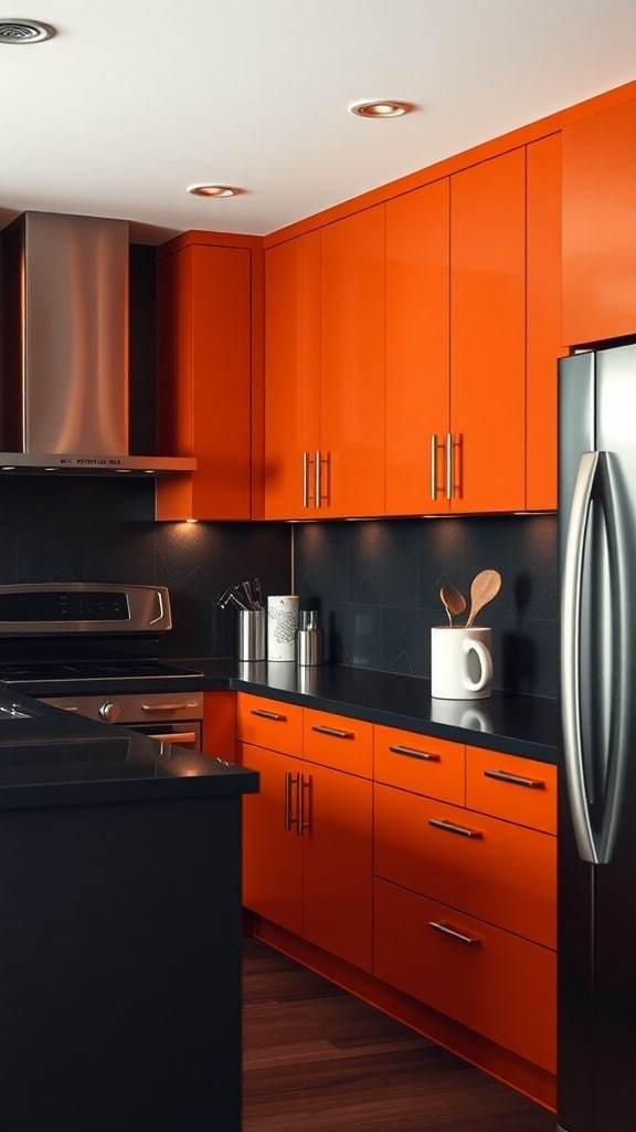 A modern kitchen featuring warm rust orange cabinets with dark countertops and stainless steel appliances.