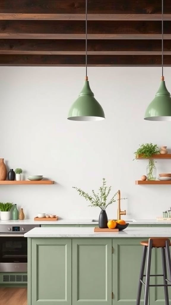 Sage green pendant lights hanging over a kitchen island with sage green cabinetry and wooden shelves.