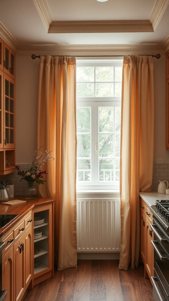 A kitchen with light beige curtains framing a window, wooden cabinetry, and a cozy atmosphere.
