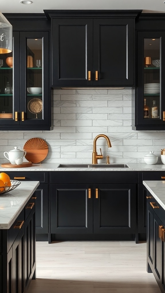 A modern kitchen featuring black cabinets with gold accents, light marble countertops, and glass-fronted cabinets.