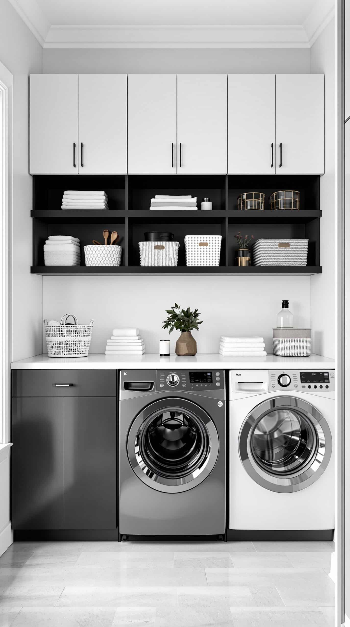 Minimalist black and white laundry room with sleek storage solutions