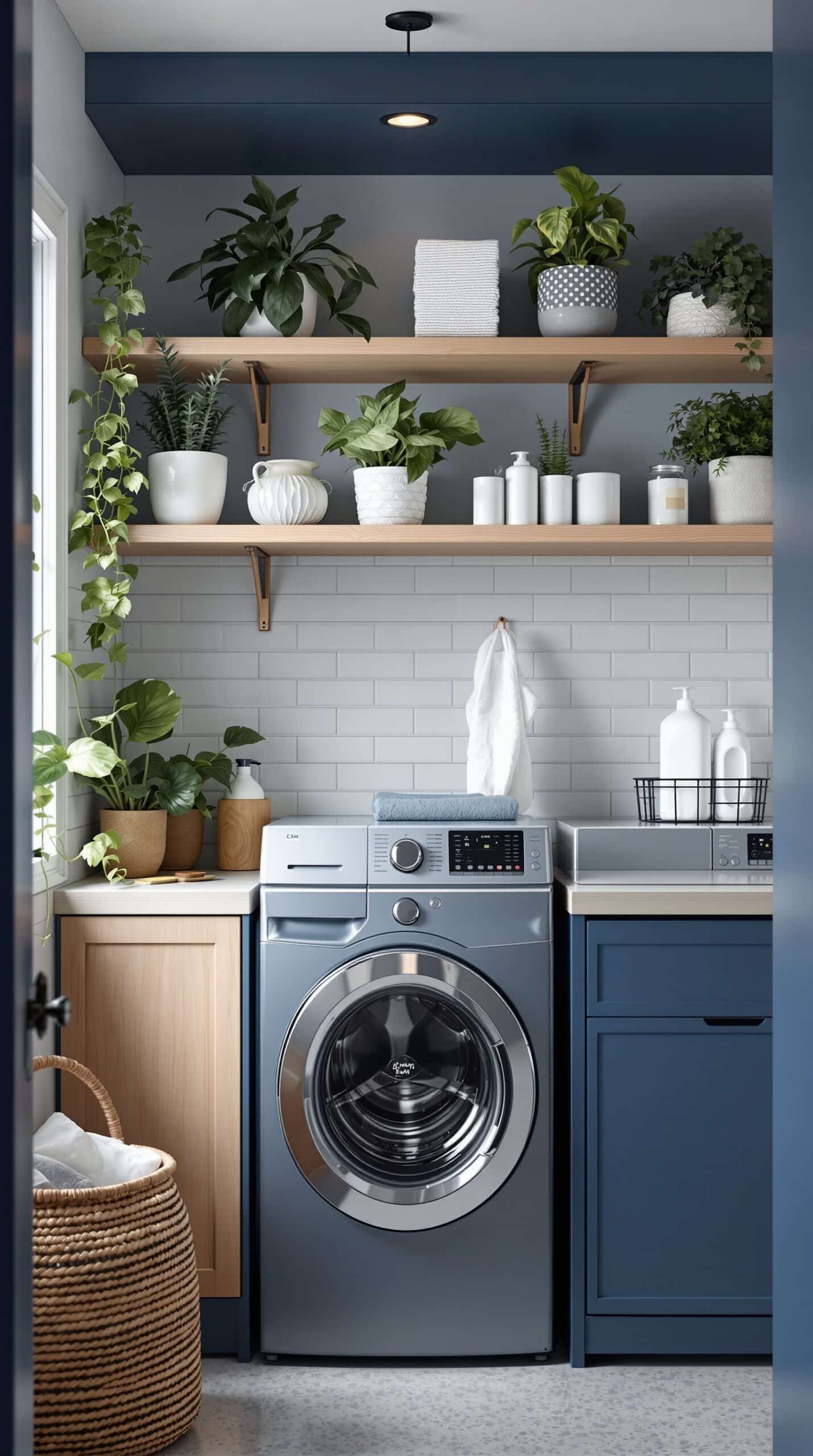 Laundry room with indigo shelving and natural wood accents, featuring plants and neatly arranged items.