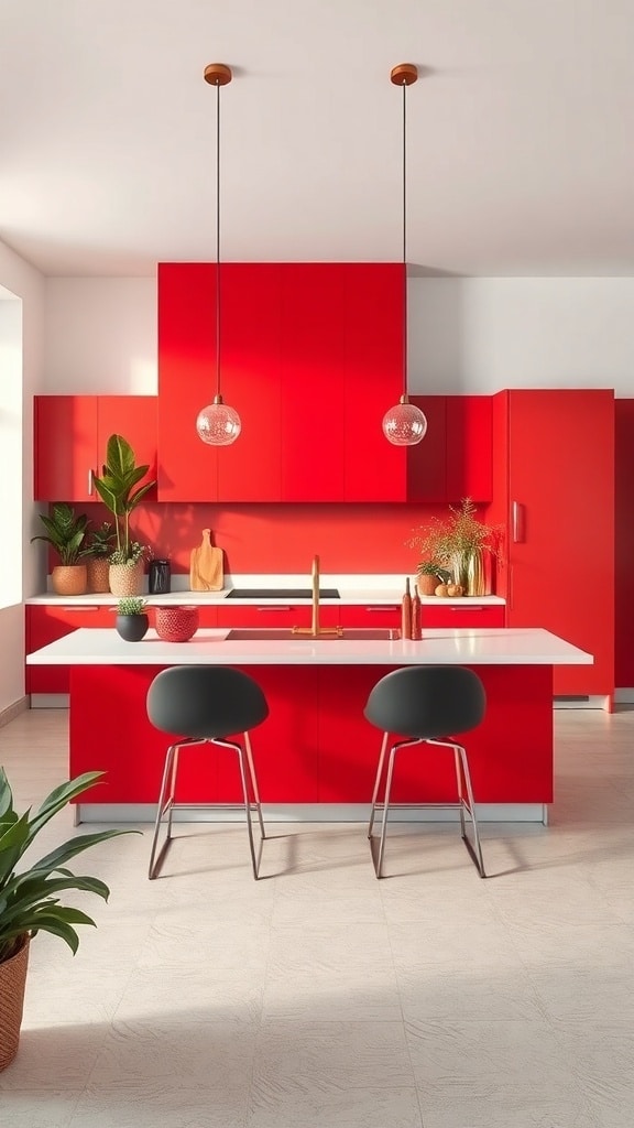 A modern kitchen featuring a bold red island with gray stools and pendant lighting.