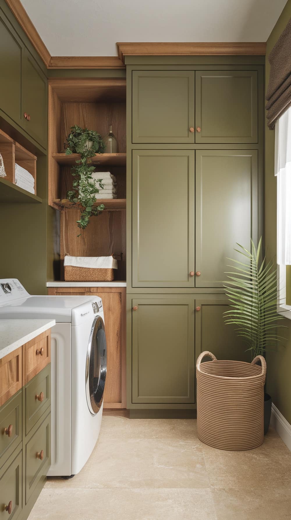 Laundry room with olive green cabinets and natural wood accents