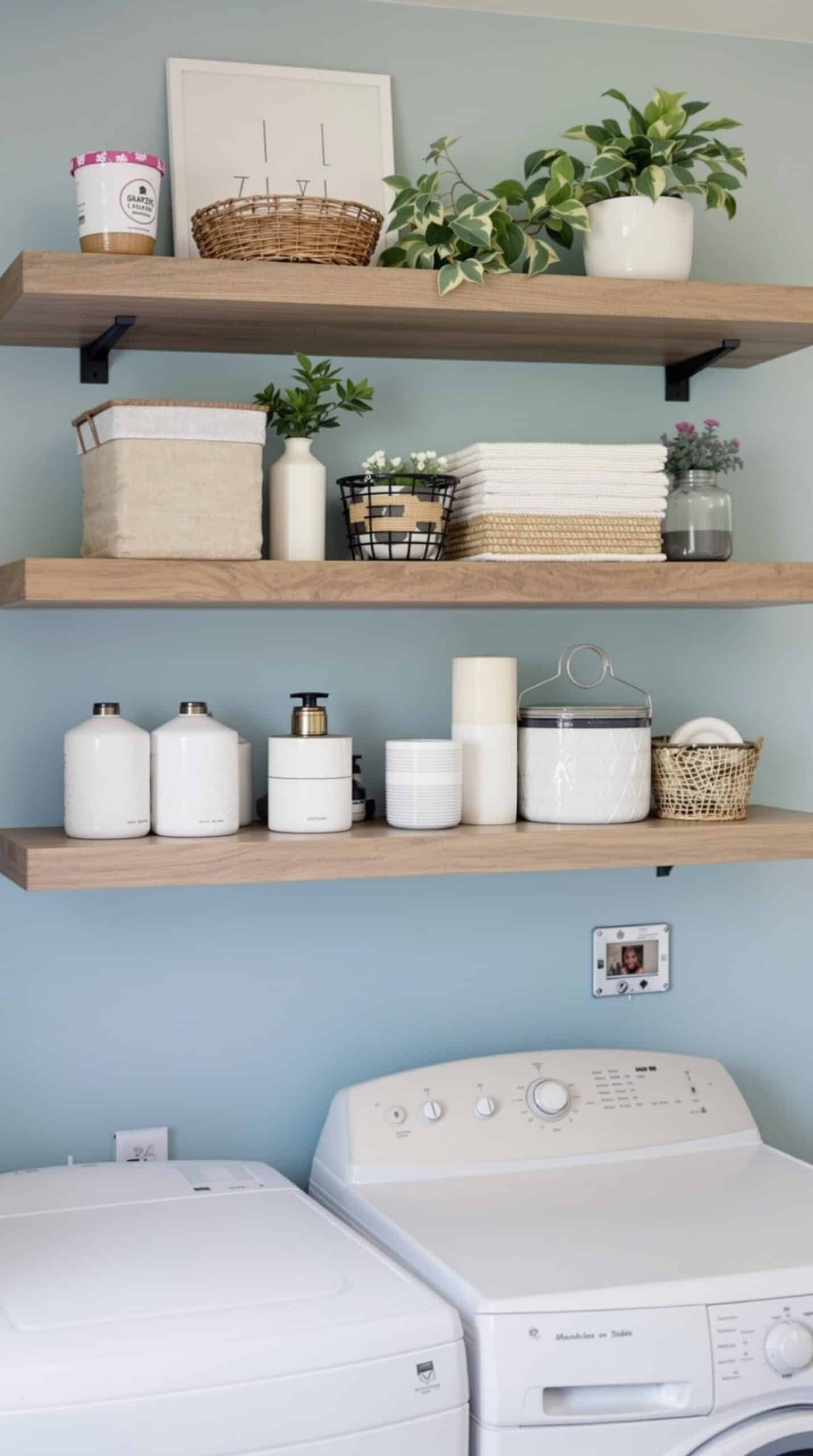 Light blue laundry room with wooden shelves displaying neatly organized items and plants.