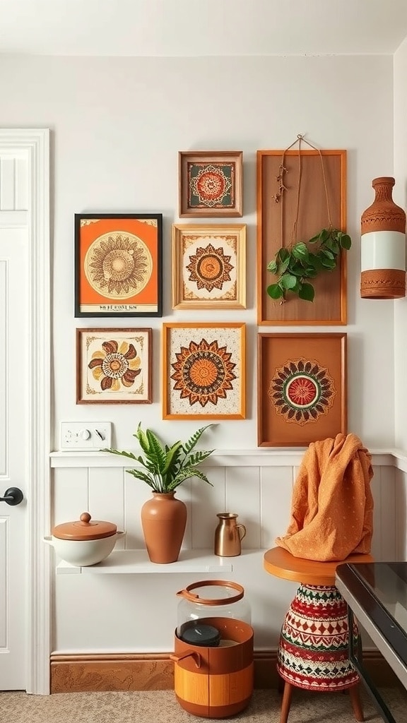 A collection of bohemian wall art featuring terracotta hues, framed and arranged on a kitchen wall, with plants and pottery.