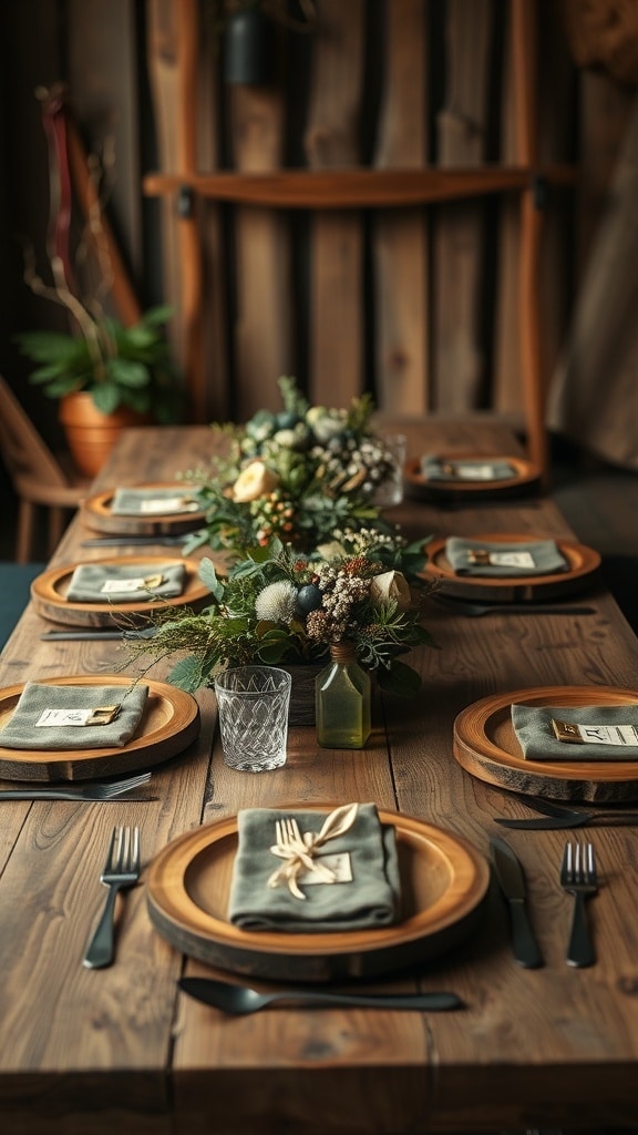 A rustic table setting with wooden plates, green napkins, and a floral centerpiece.