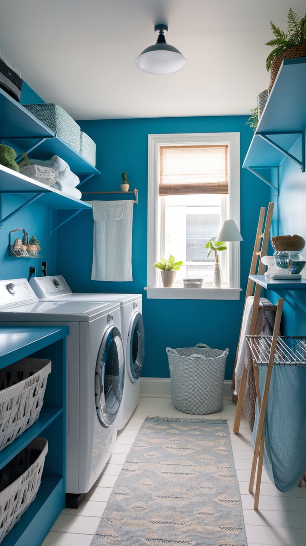 A stylish peacock blue laundry room featuring open shelving, baskets, and a cozy rug.