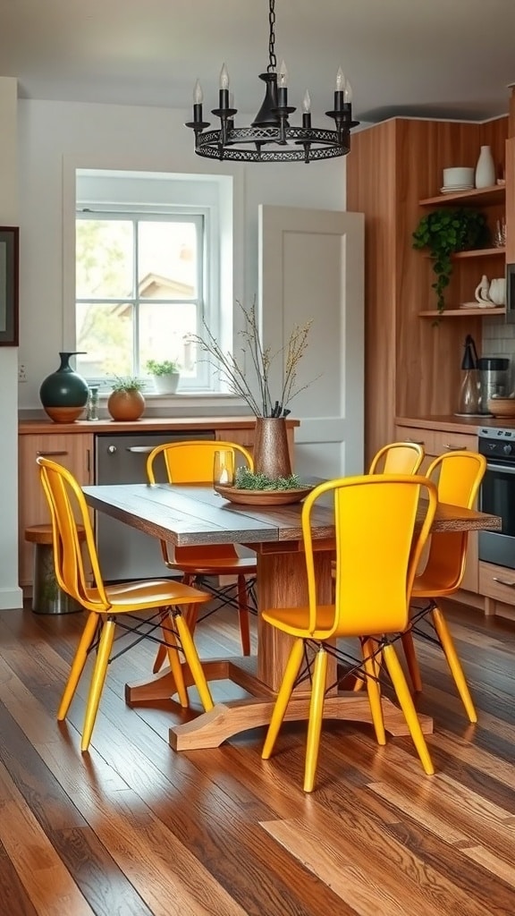 A cozy dining area with mustard yellow chairs around a wooden table, featuring warm wooden floors and a stylish chandelier.