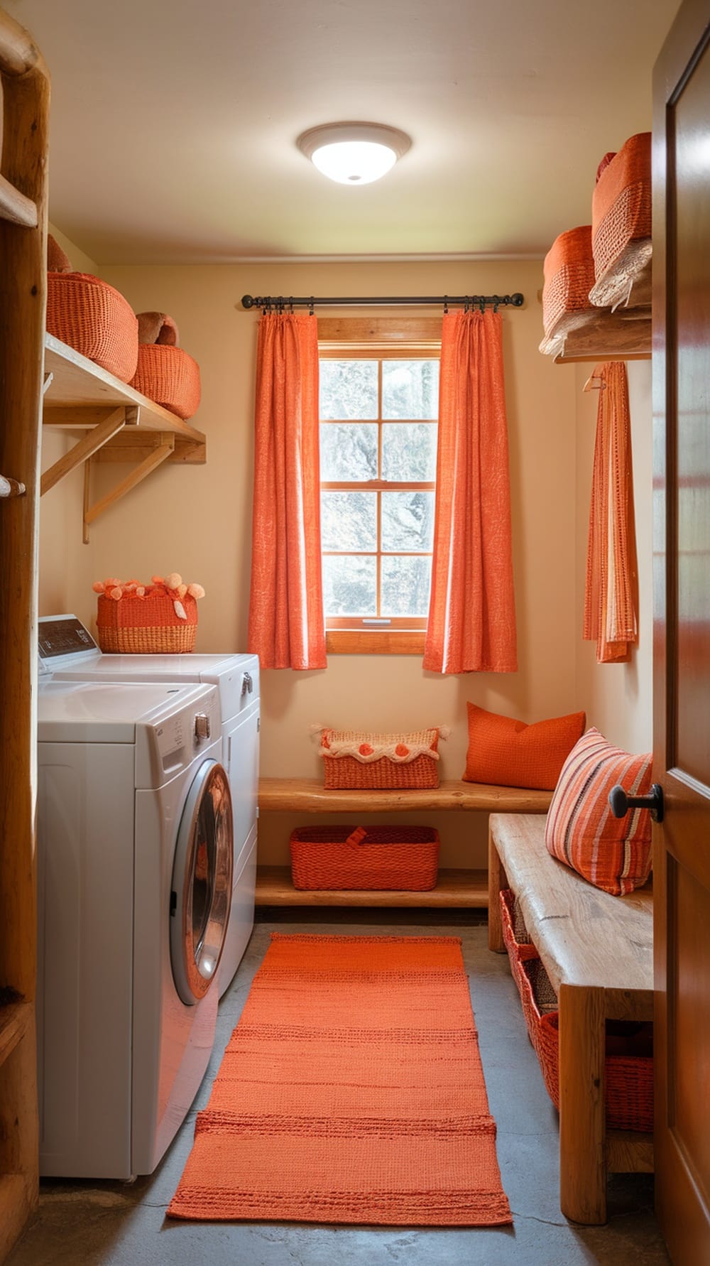 A cozy laundry room featuring wooden shelves, a bench, and vibrant orange accents.