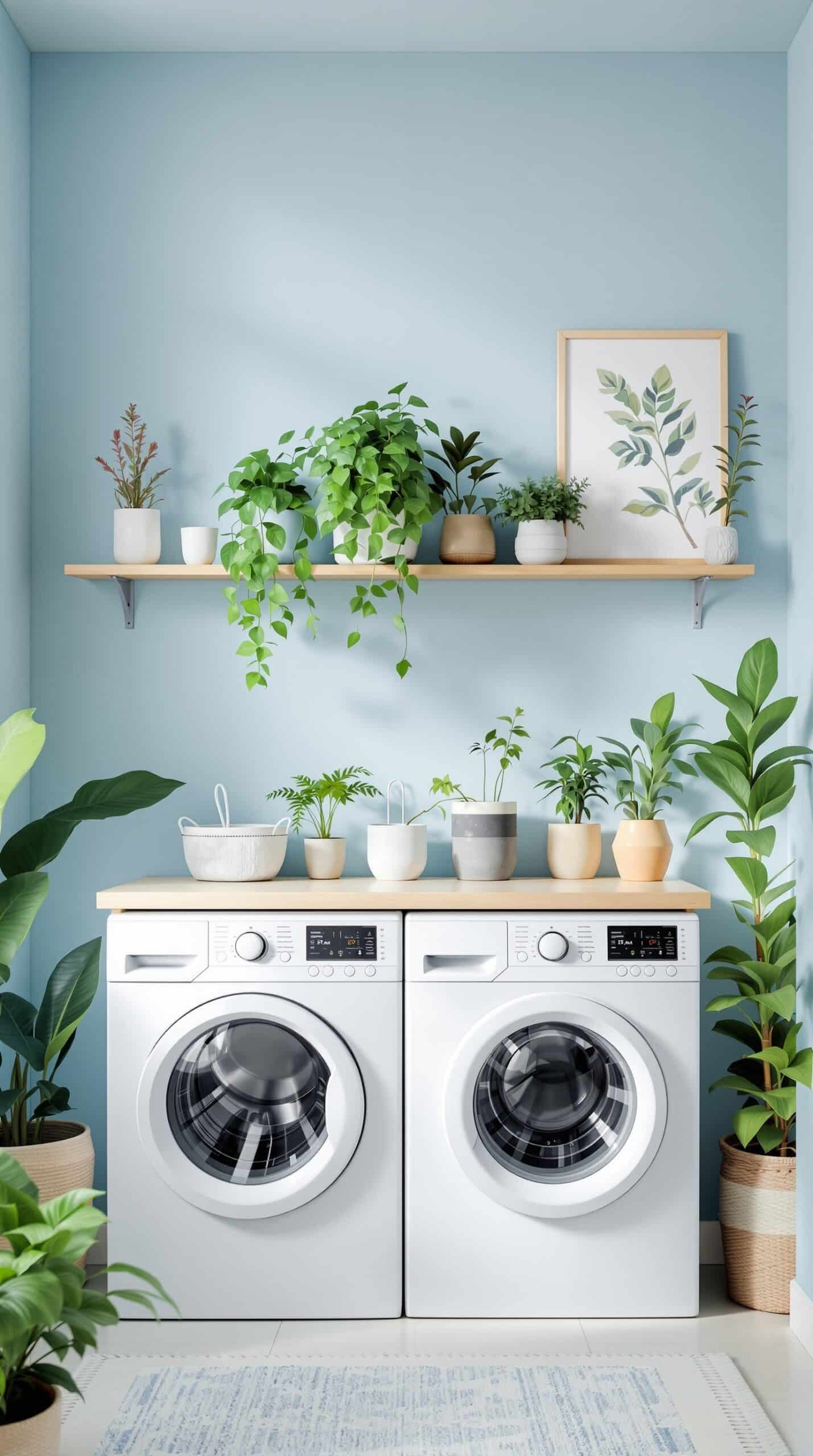 Light blue laundry room with plants and modern washing machines