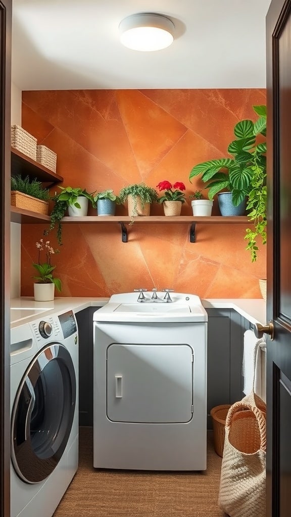 Laundry room with terracotta accent wall, white appliances, and decorative shelves