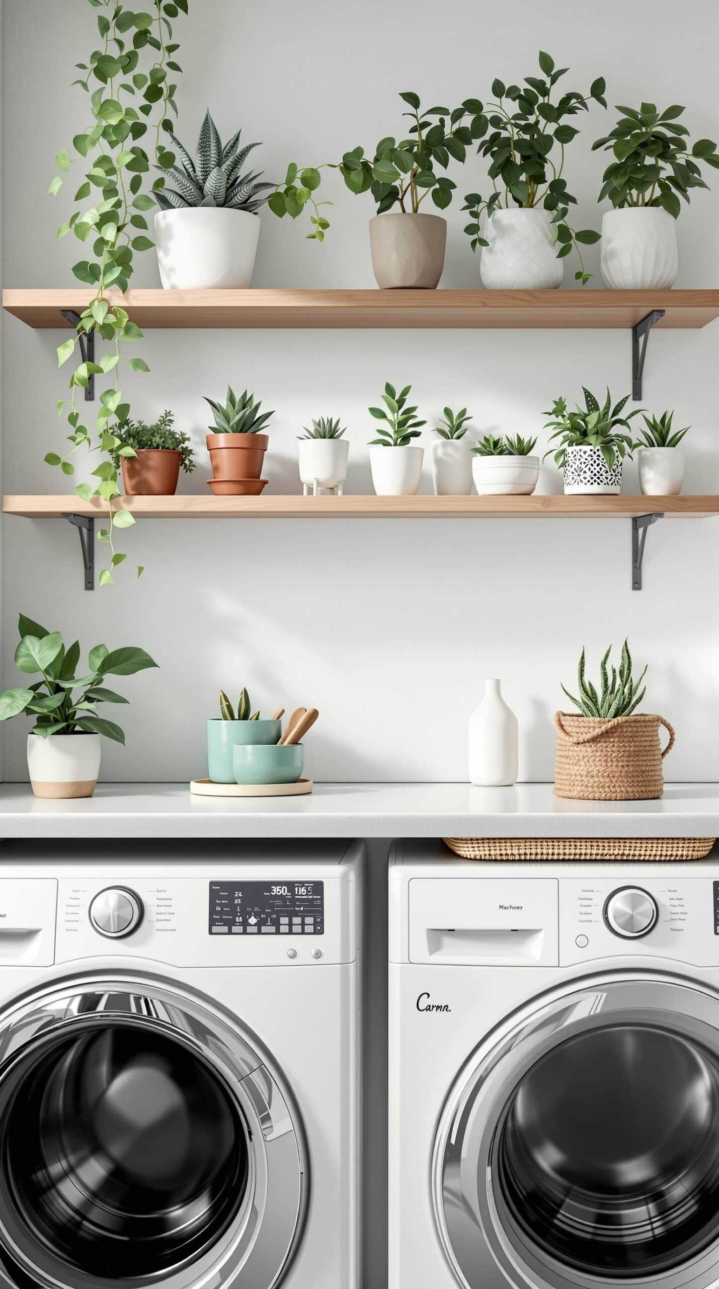 Laundry room with potted succulents on wooden shelves above washing machines.