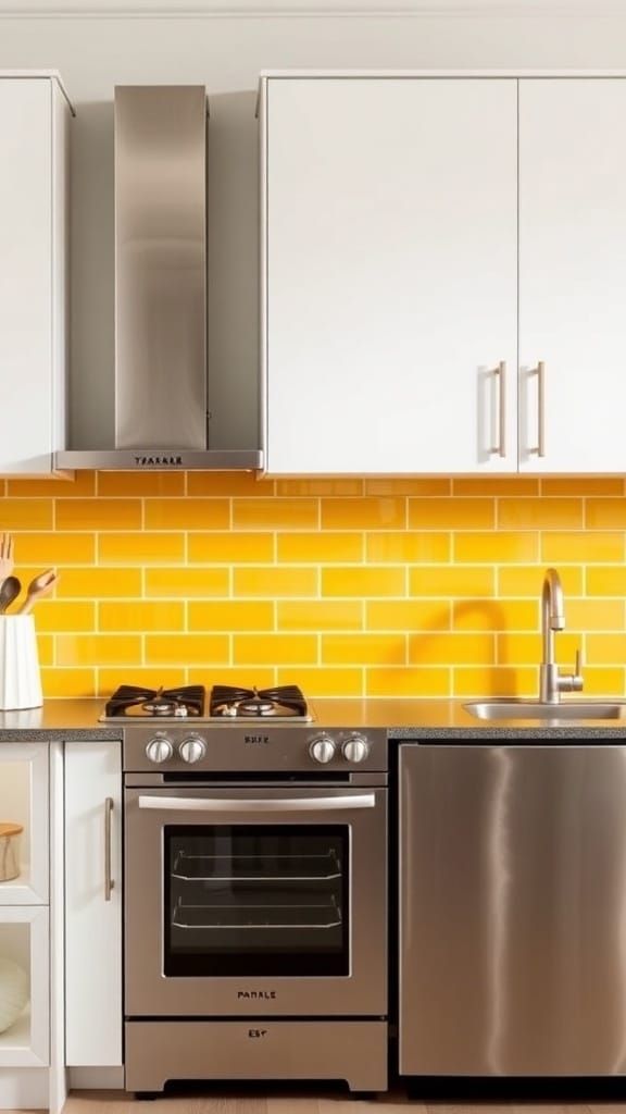A modern kitchen featuring a bright mustard yellow backsplash with stainless steel appliances.