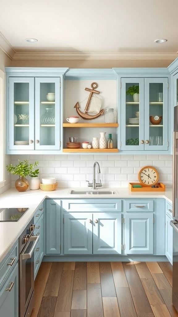 A kitchen featuring light blue cabinets, a white backsplash, and wooden accents, creating a coastal-inspired look.