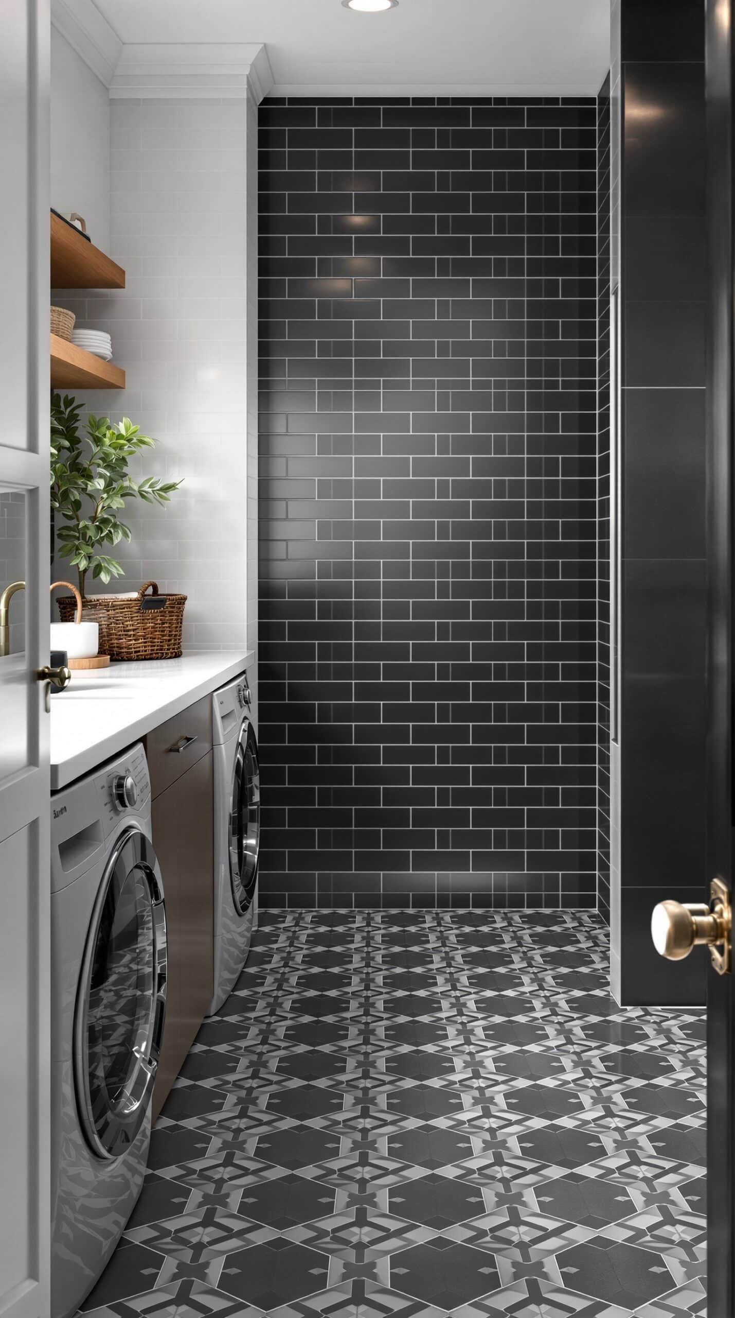 A modern laundry room featuring dark geometric tile flooring and light walls.