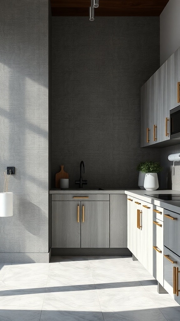 Modern kitchen with textured gray finishes and golden hardware