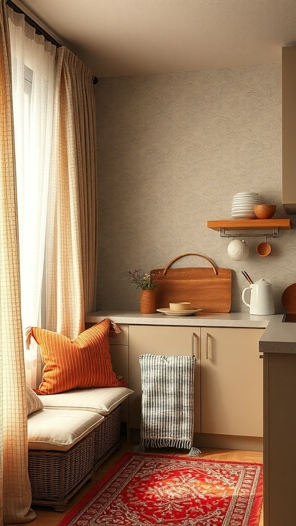 Cozy corner of a rustic brown kitchen with textured fabrics and soft furnishings.