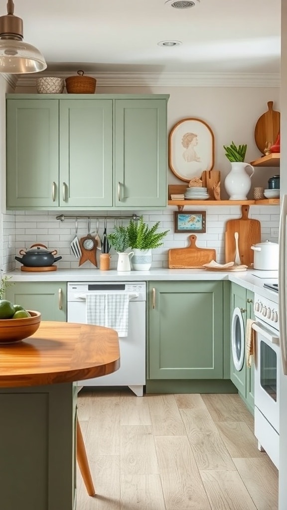 A cozy farmhouse kitchen featuring sage green cabinets, a round wooden table, and decorative plants.