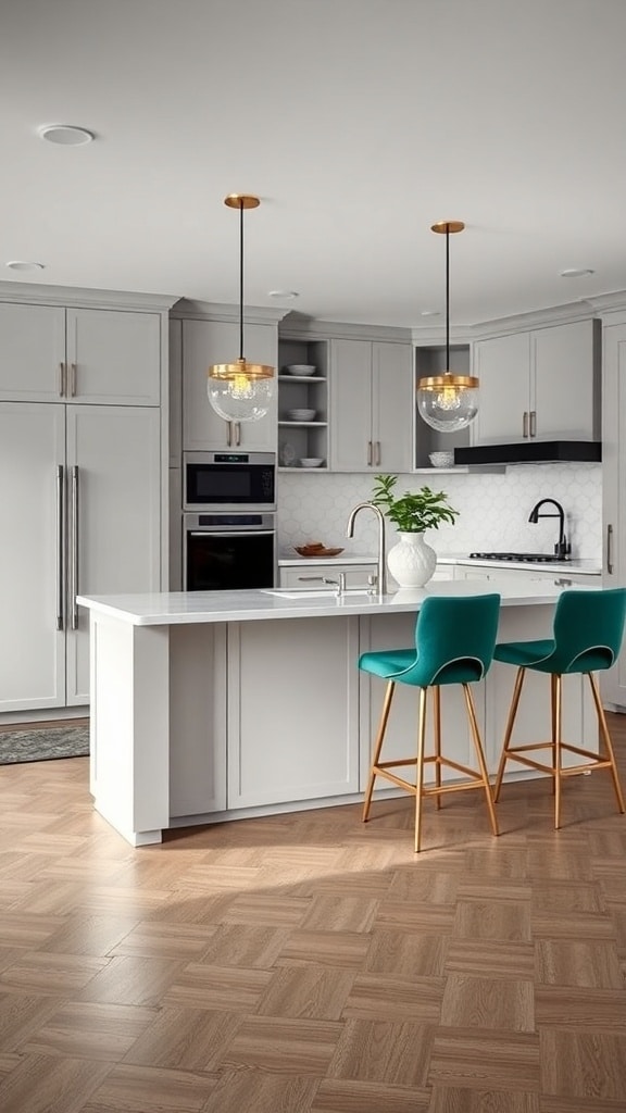 Velvet upholstered bar stools in an emerald green kitchen with modern fixtures