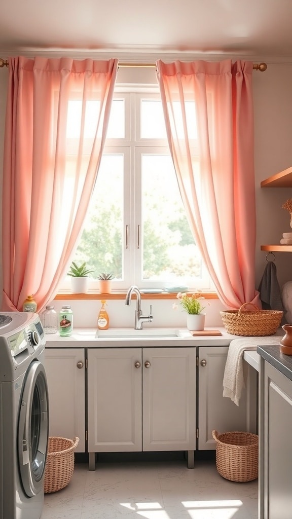 Laundry room with blush pink sheer curtains, white cabinets, and a bright window.