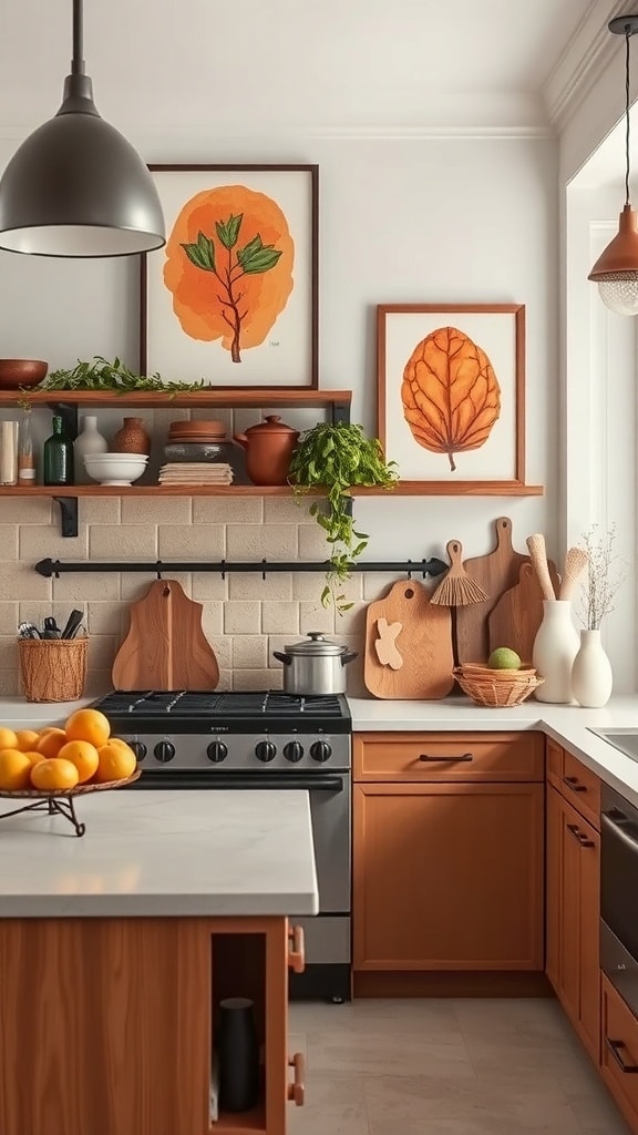 A kitchen featuring ochre-inspired artwork with leaf designs, wooden shelves, and warm tones.