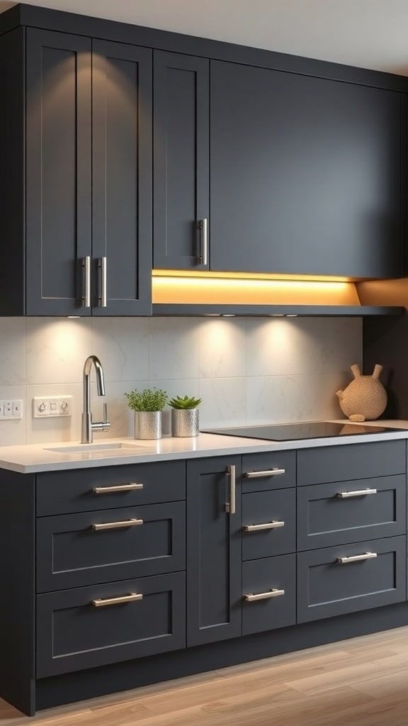 Modern kitchen with sleek charcoal gray cabinets and warm under-cabinet lighting.