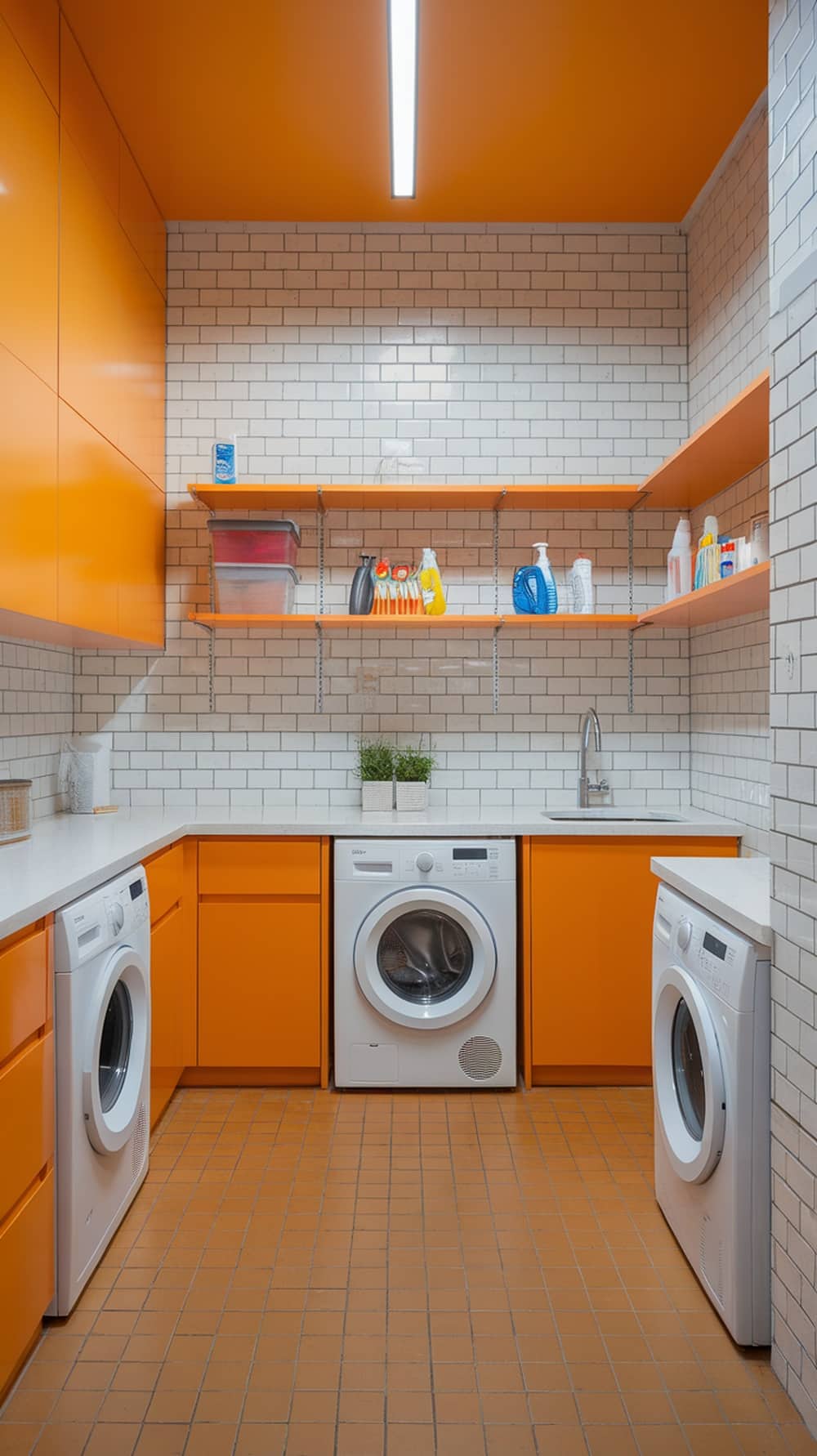 A modern laundry room featuring bright orange cabinets and white tiled walls.