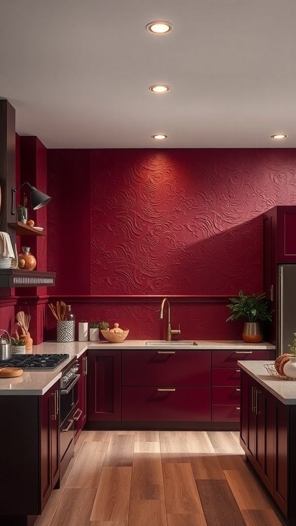 A kitchen featuring textured burgundy walls, dark cabinetry, light countertops, and wooden flooring.