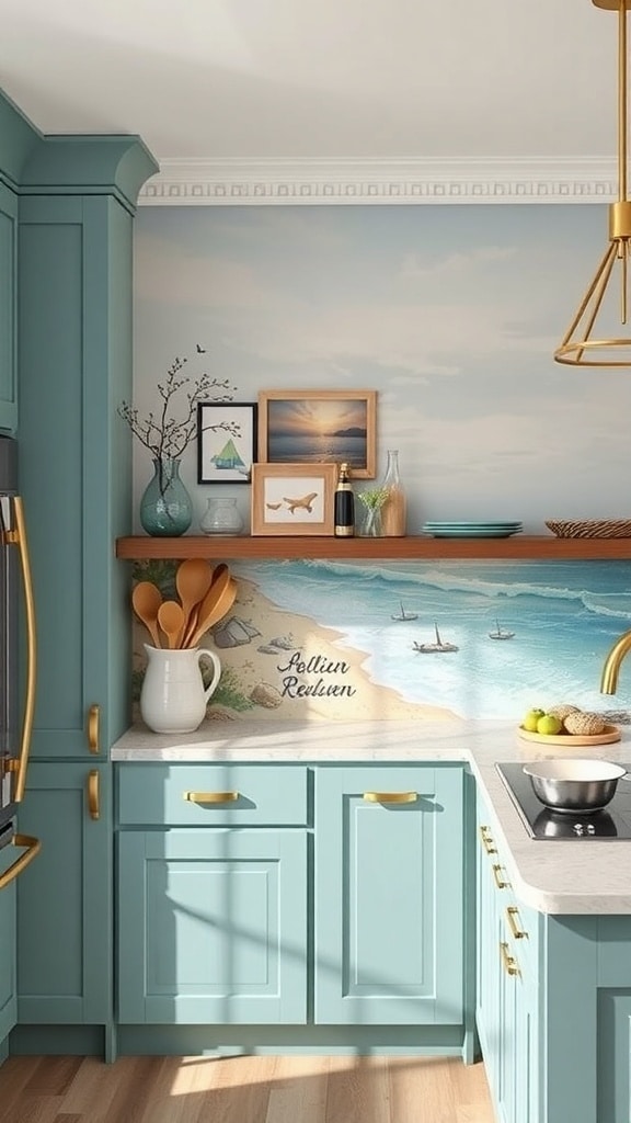 Teal kitchen with a coastal mural depicting waves and sailboats on the wall.