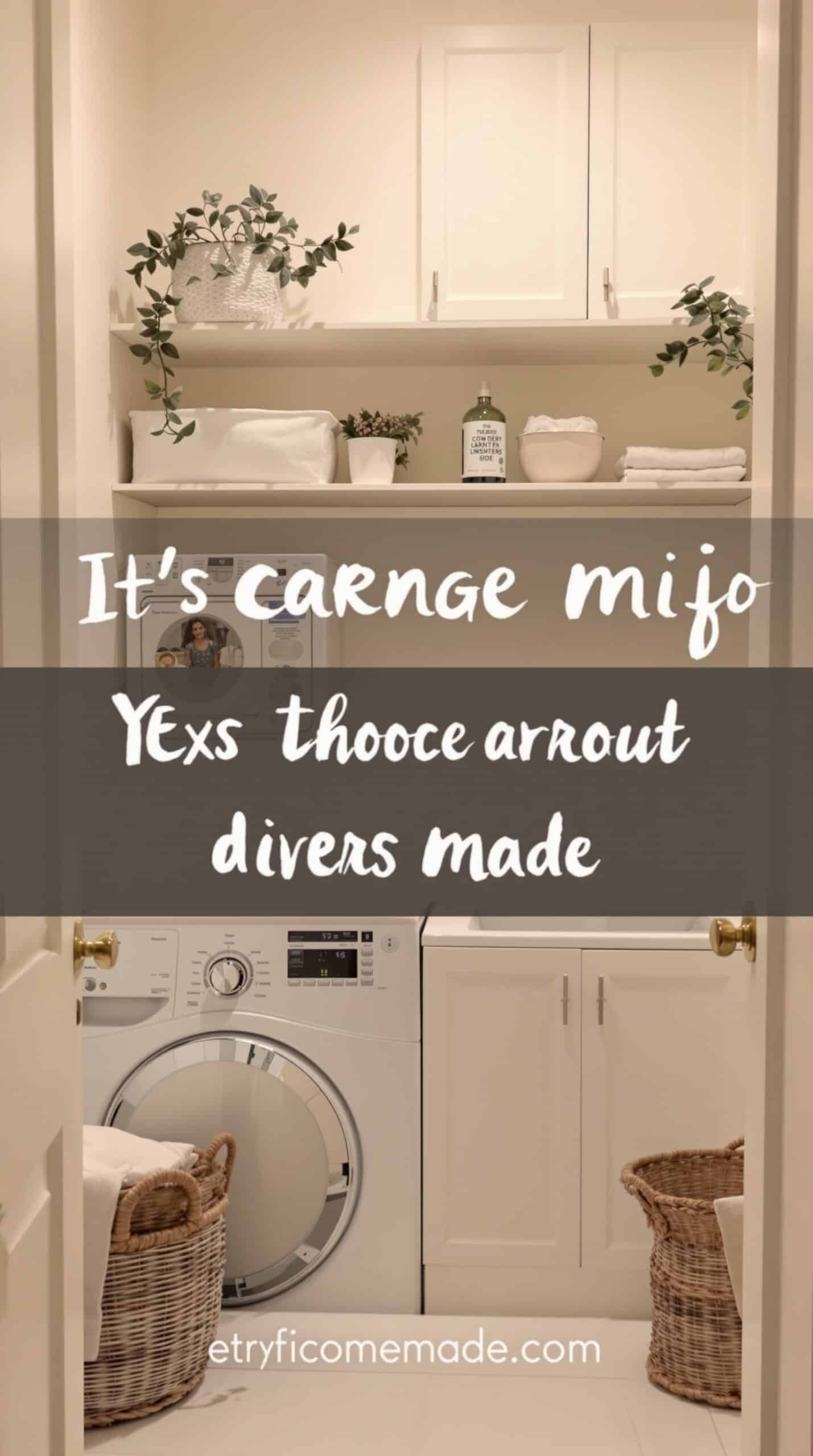 Cozy beige and white laundry room with shelves and plants