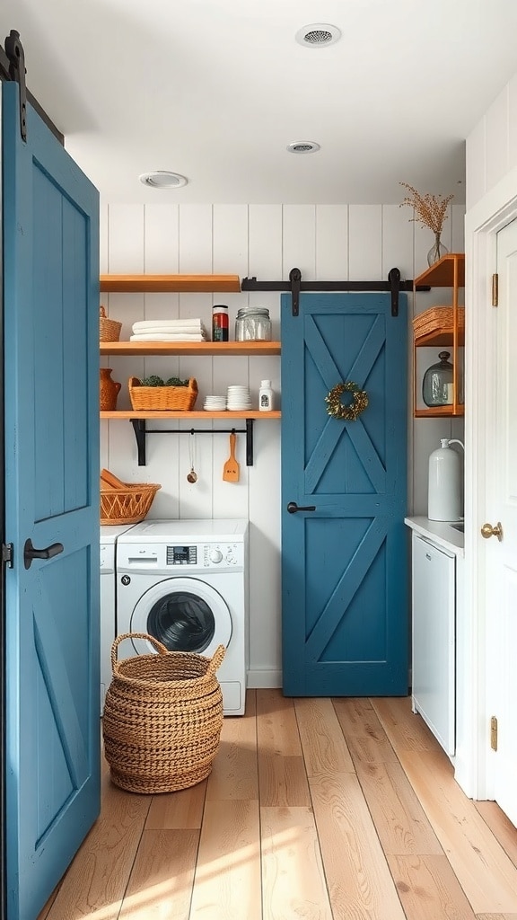 A rustic blue barn door in a laundry room with wooden shelves and a woven basket.