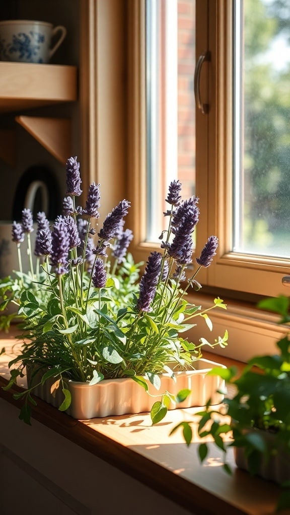 A windowsill herb garden featuring vibrant lavender plants in a ceramic container, with sunlight illuminating the scene.